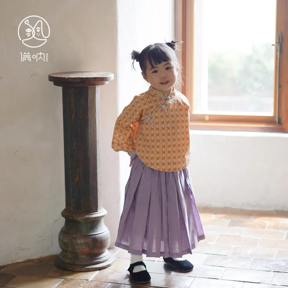 MaNa Girls' Cotton Top with Handmade Frog Buttons and Oversized Sleeves - Orange Print
