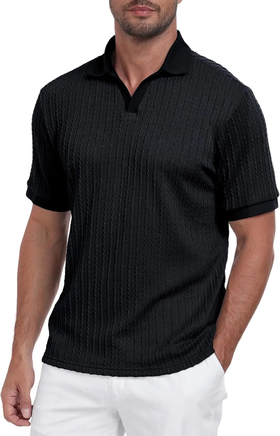 Mens Knit Polo Shirts Casual Stylish V Neck Short Sleeve Sweater Polo Knitted Textured Johnny Collar Tops Fashion 2025