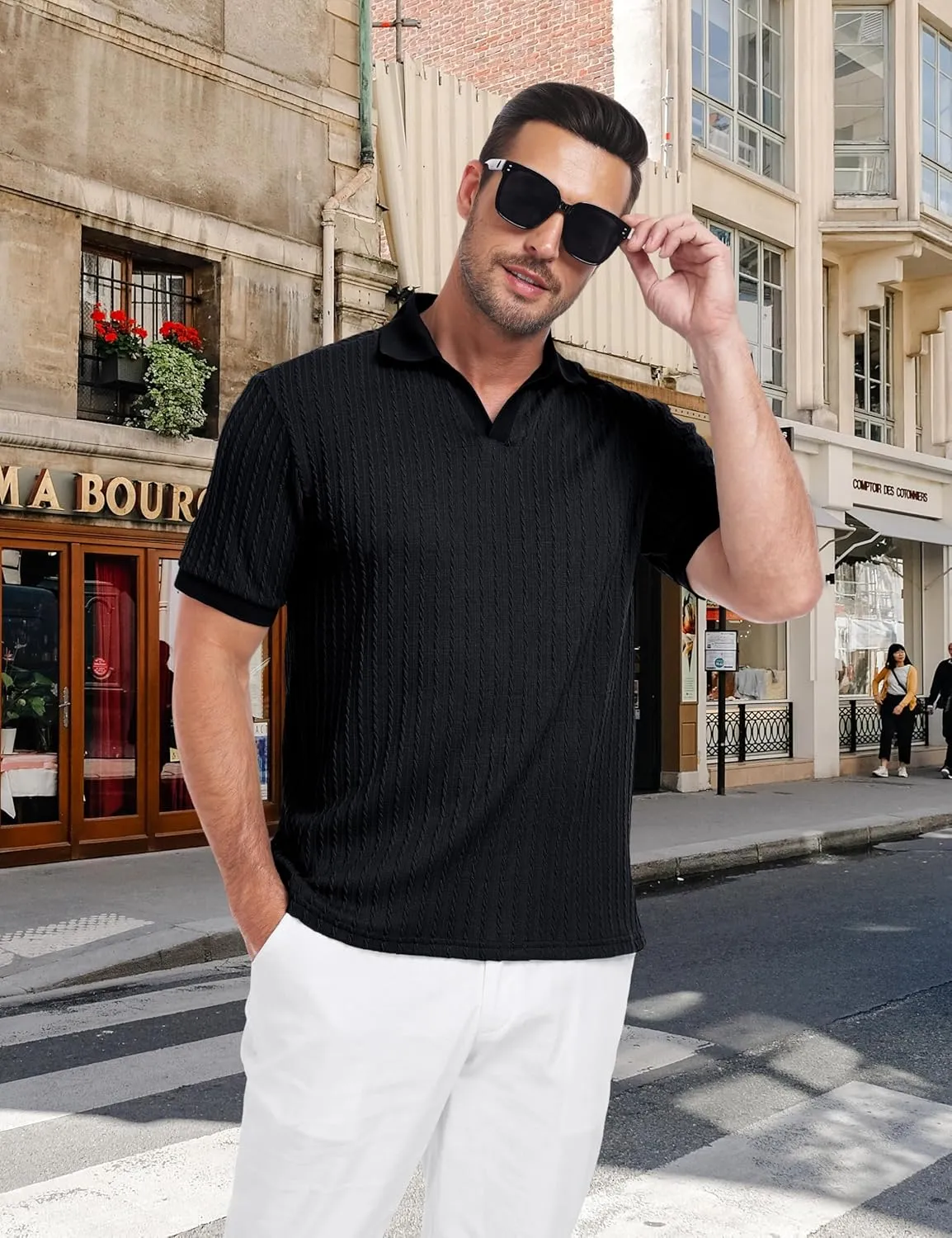 Mens Knit Polo Shirts Casual Stylish V Neck Short Sleeve Sweater Polo Knitted Textured Johnny Collar Tops Fashion 2025