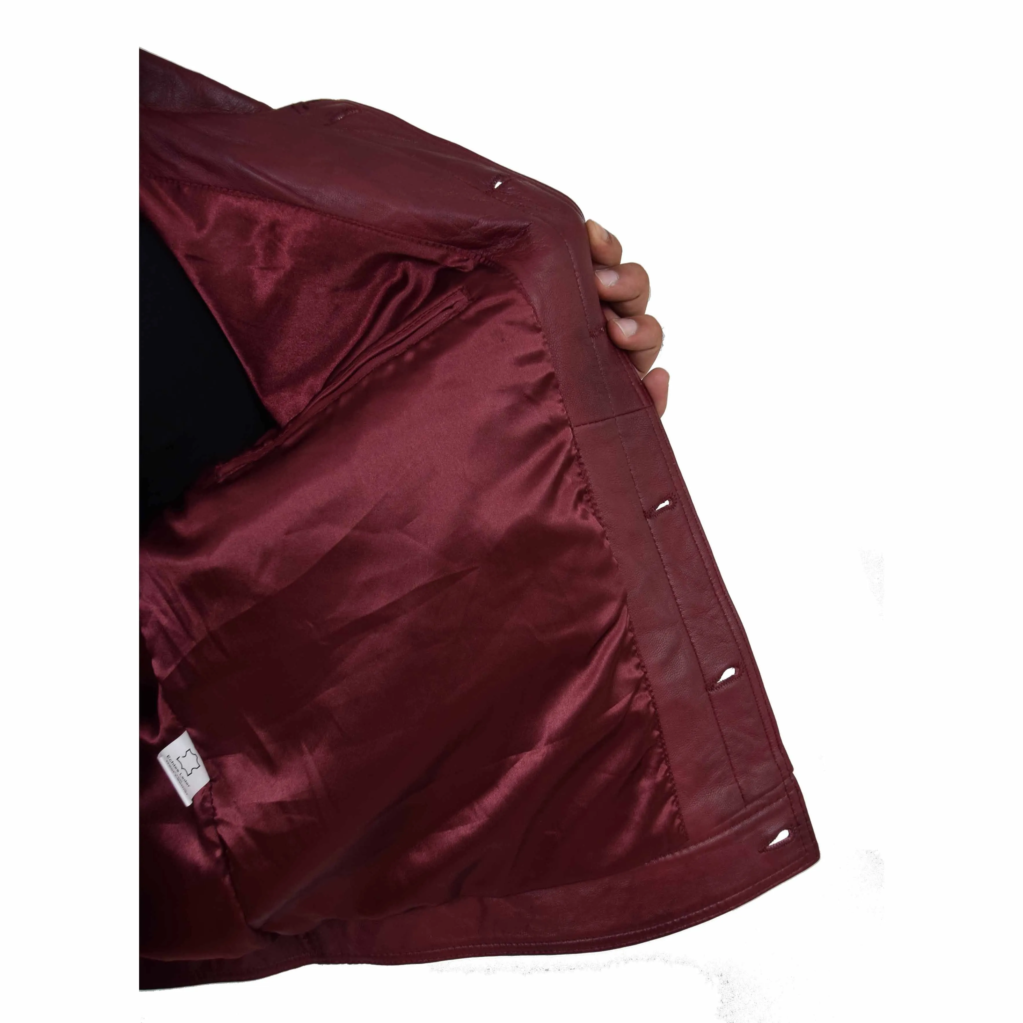 Mens Trucker Soft Leather Jacket Western Denim Style Bond Burgundy