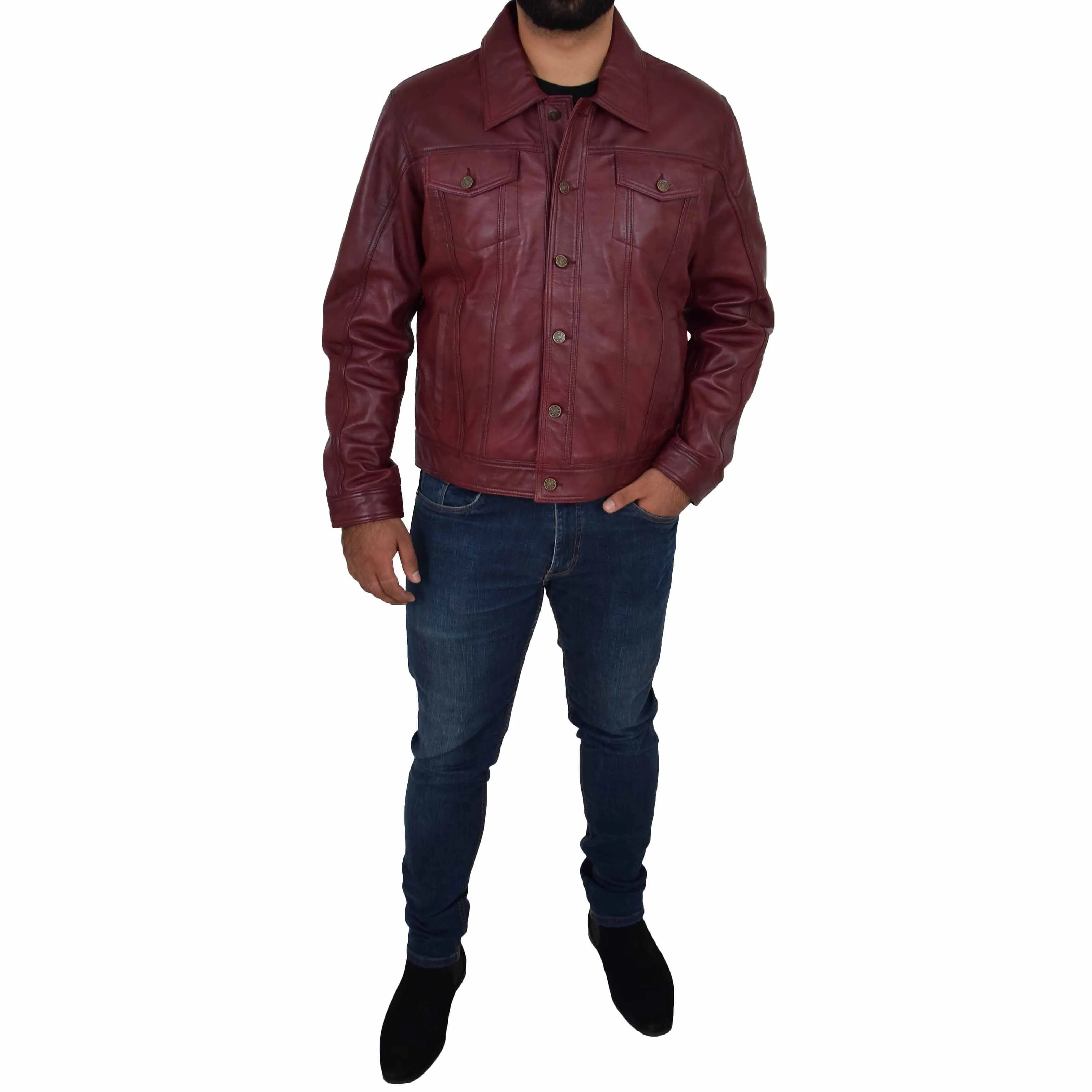 Mens Trucker Soft Leather Jacket Western Denim Style Bond Burgundy