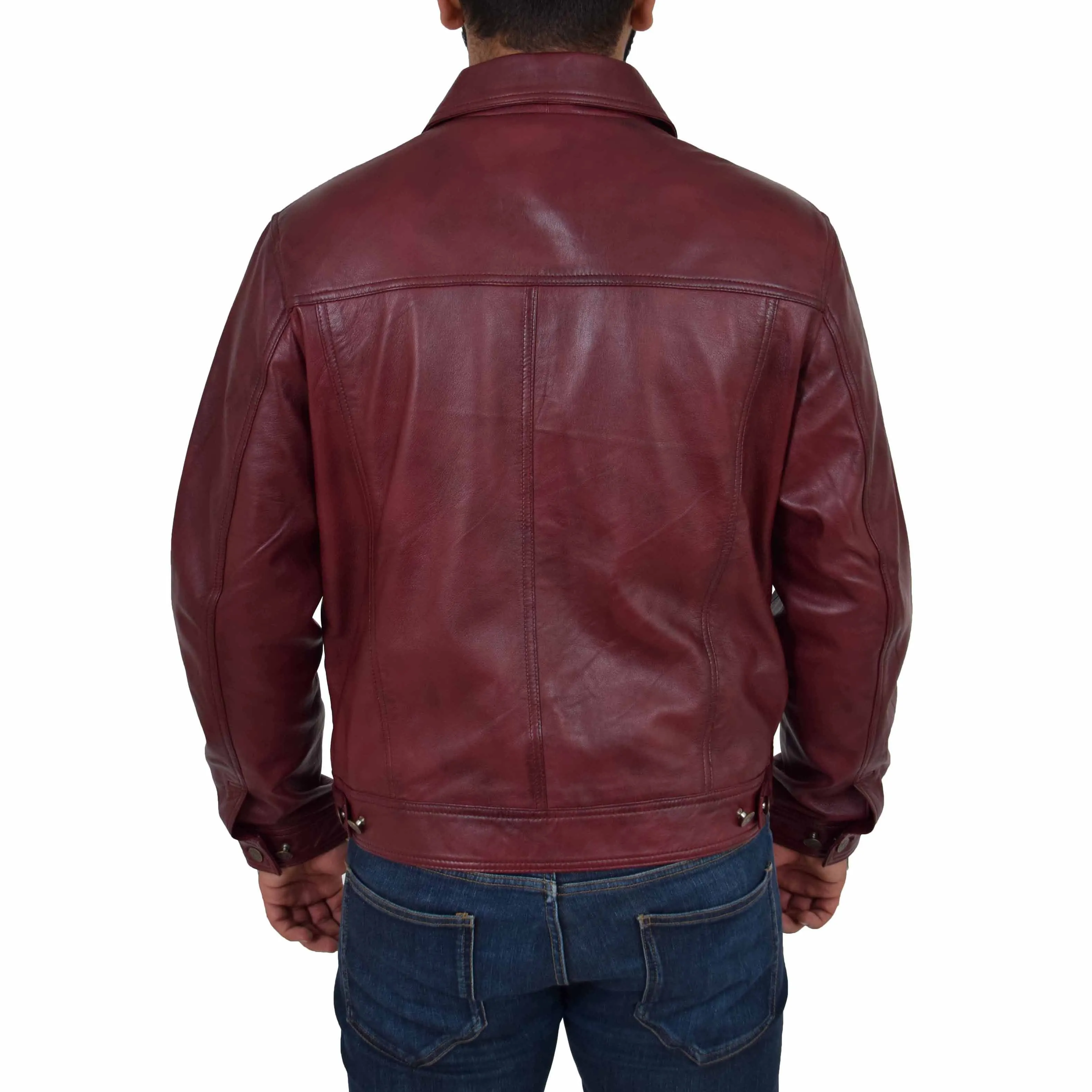 Mens Trucker Soft Leather Jacket Western Denim Style Bond Burgundy