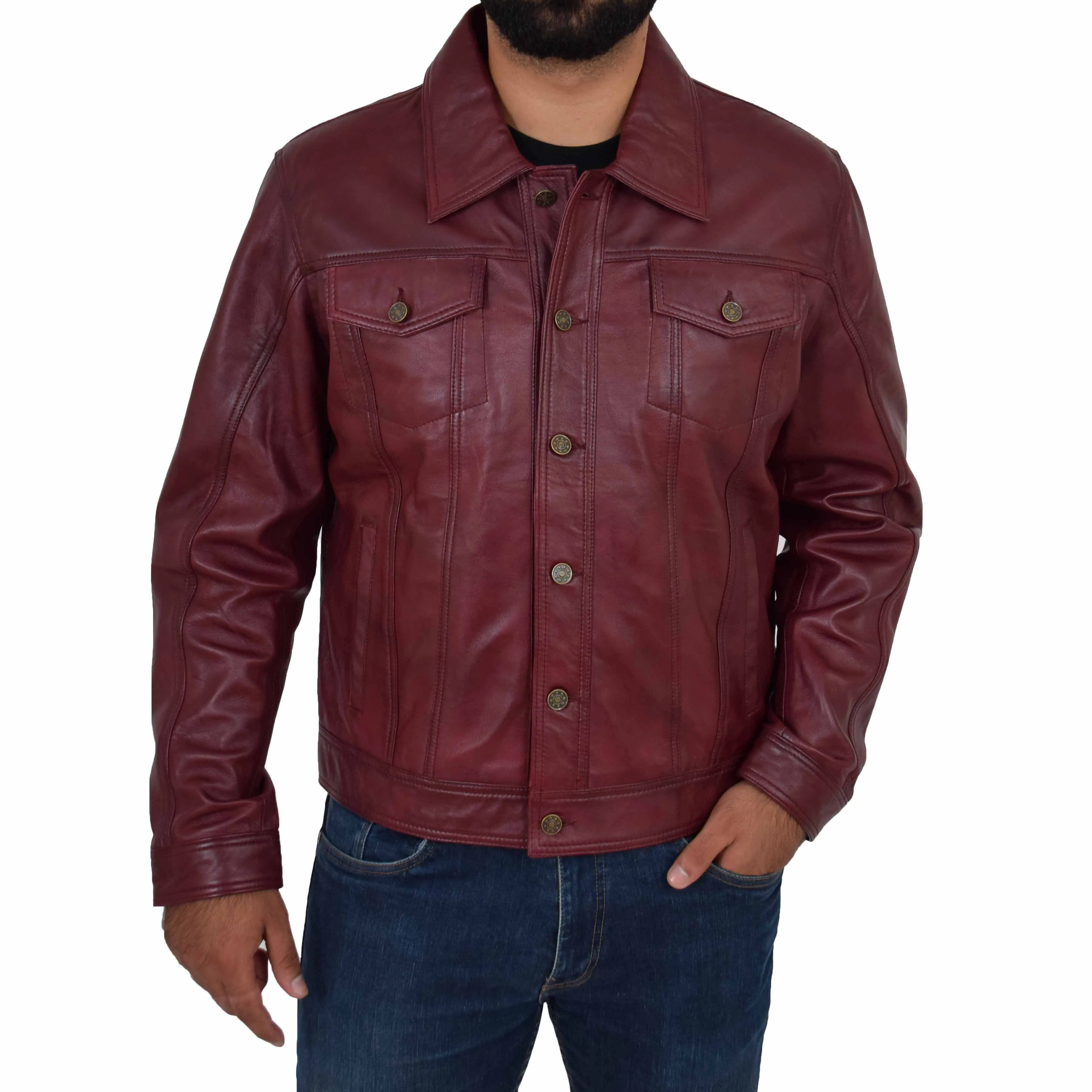 Mens Trucker Soft Leather Jacket Western Denim Style Bond Burgundy