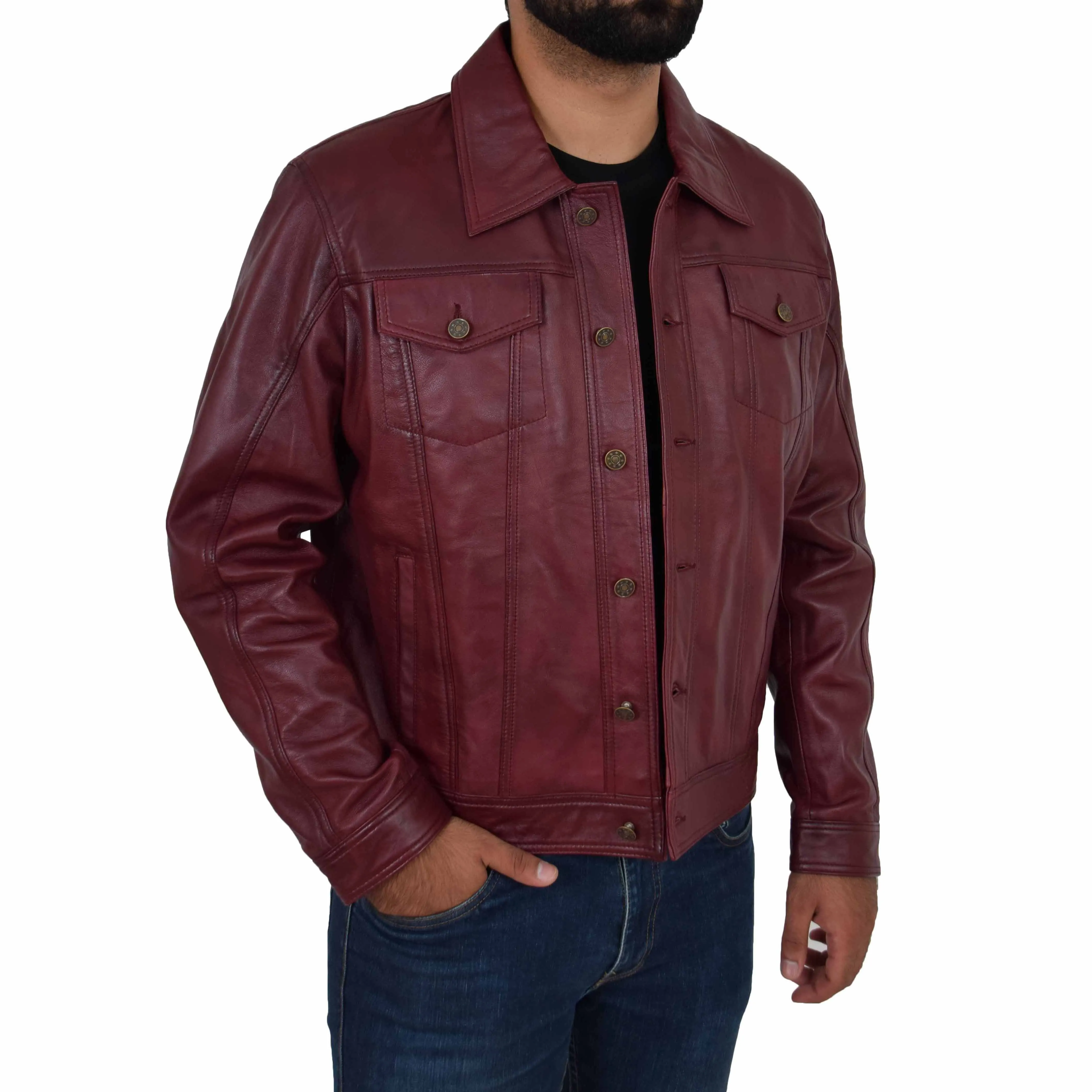 Mens Trucker Soft Leather Jacket Western Denim Style Bond Burgundy