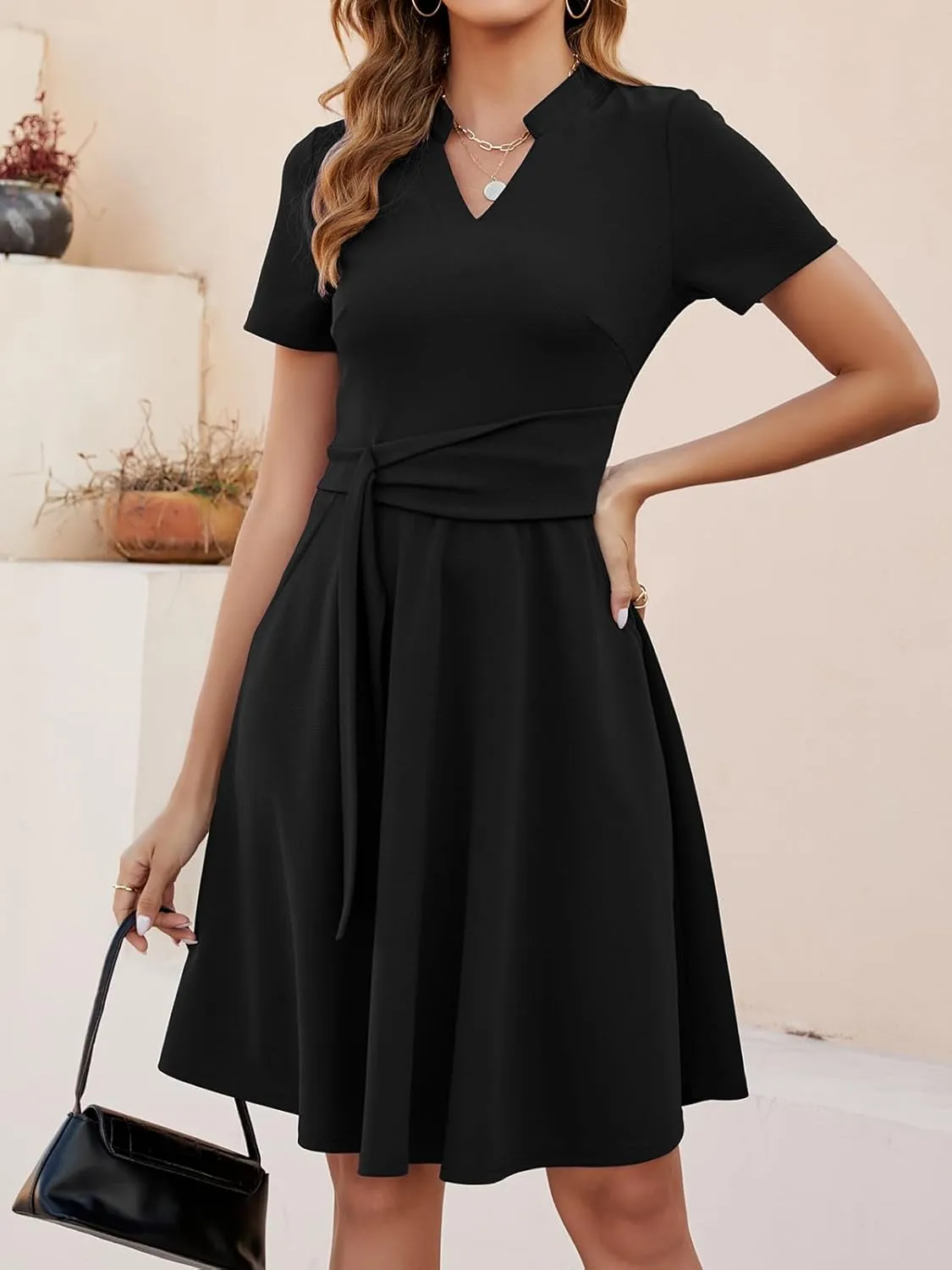 Mokayee Womens Summer Short Sleeve V Neck Fit and Flare A Line Business Casual Wedding Guest Work Dresses with Pockets