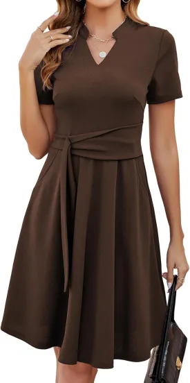 Mokayee Womens Summer Short Sleeve V Neck Fit and Flare A Line Business Casual Wedding Guest Work Dresses with Pockets