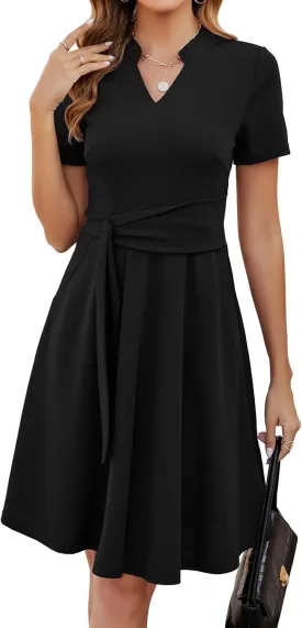 Mokayee Womens Summer Short Sleeve V Neck Fit and Flare A Line Business Casual Wedding Guest Work Dresses with Pockets