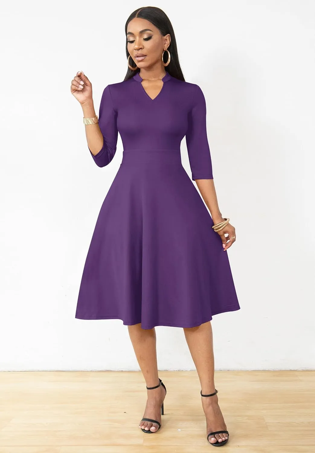 Nmoder Casual Dresses for Women Semi Formal Fit and Flare 3/4 Sleeve A-line Church Work Dress with Pockets