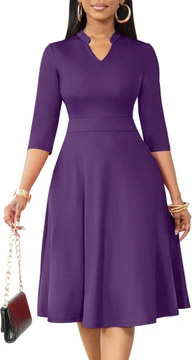 Nmoder Casual Dresses for Women Semi Formal Fit and Flare 3/4 Sleeve A-line Church Work Dress with Pockets