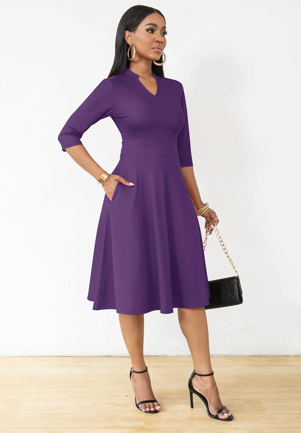 Nmoder Casual Dresses for Women Semi Formal Fit and Flare 3/4 Sleeve A-line Church Work Dress with Pockets