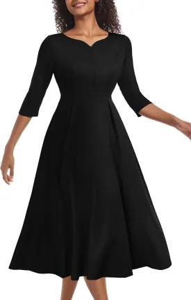 Nmoder Midi Dresses for Women Casual Fit and Flare A-Line Swing Dress 3/4 Sleeve Church Cocktail Dress with Pockets