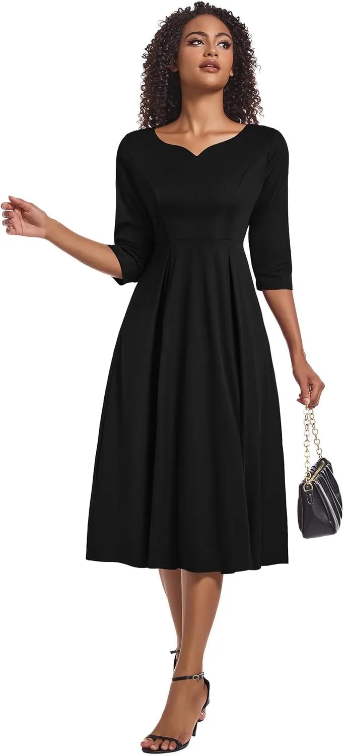 Nmoder Midi Dresses for Women Casual Fit and Flare A-Line Swing Dress 3/4 Sleeve Church Cocktail Dress with Pockets