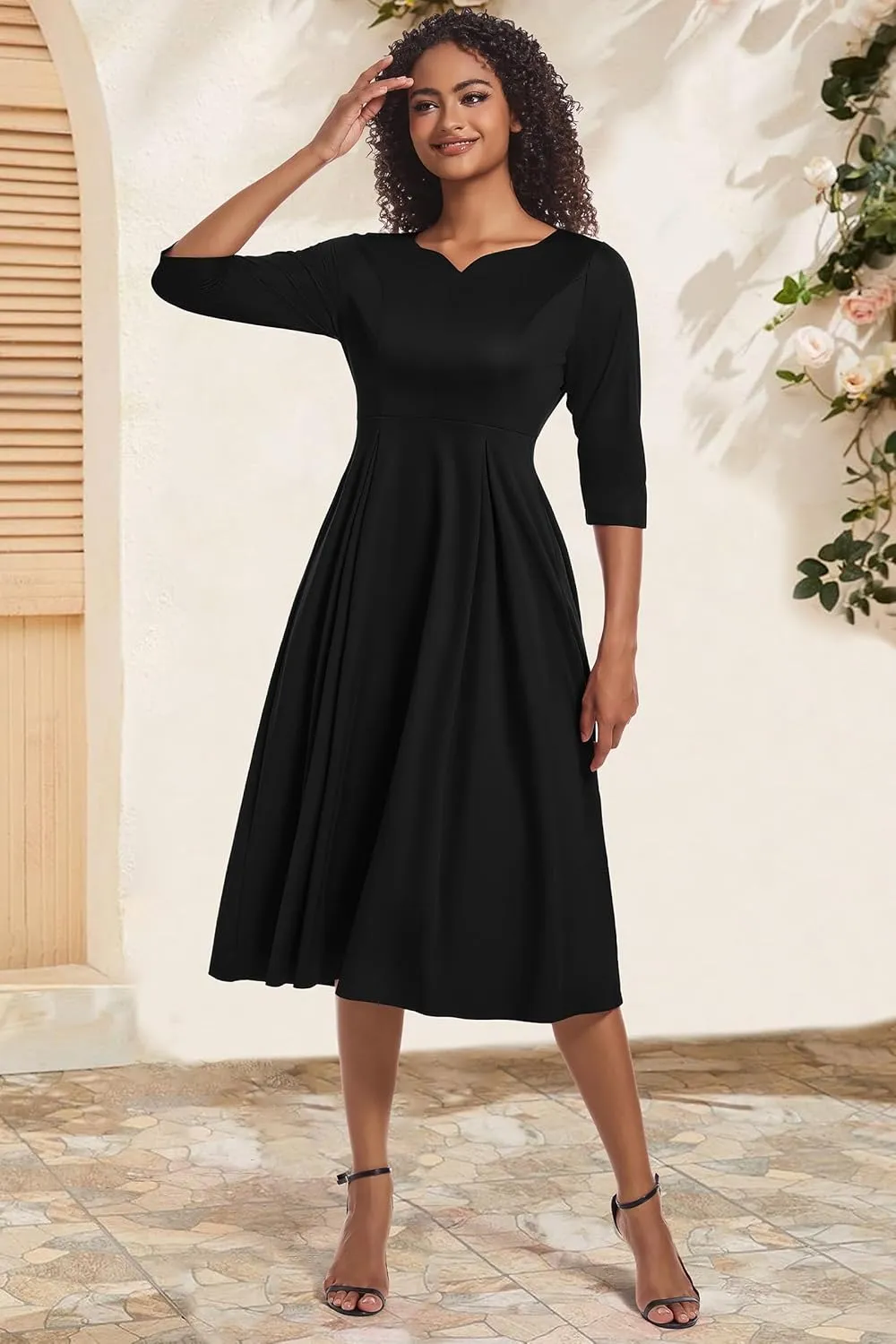 Nmoder Midi Dresses for Women Casual Fit and Flare A-Line Swing Dress 3/4 Sleeve Church Cocktail Dress with Pockets