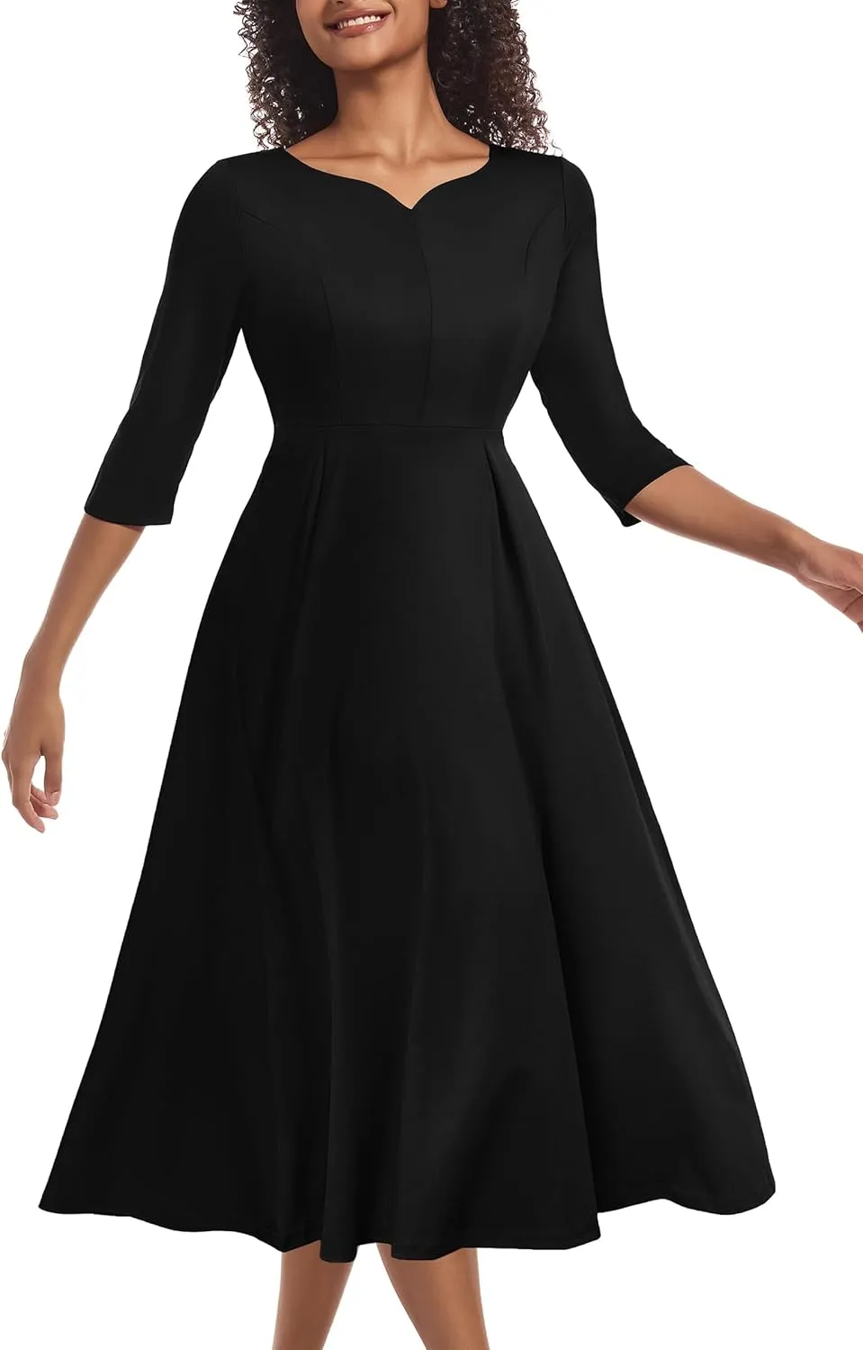 Nmoder Midi Dresses for Women Casual Fit and Flare A-Line Swing Dress 3/4 Sleeve Church Cocktail Dress with Pockets