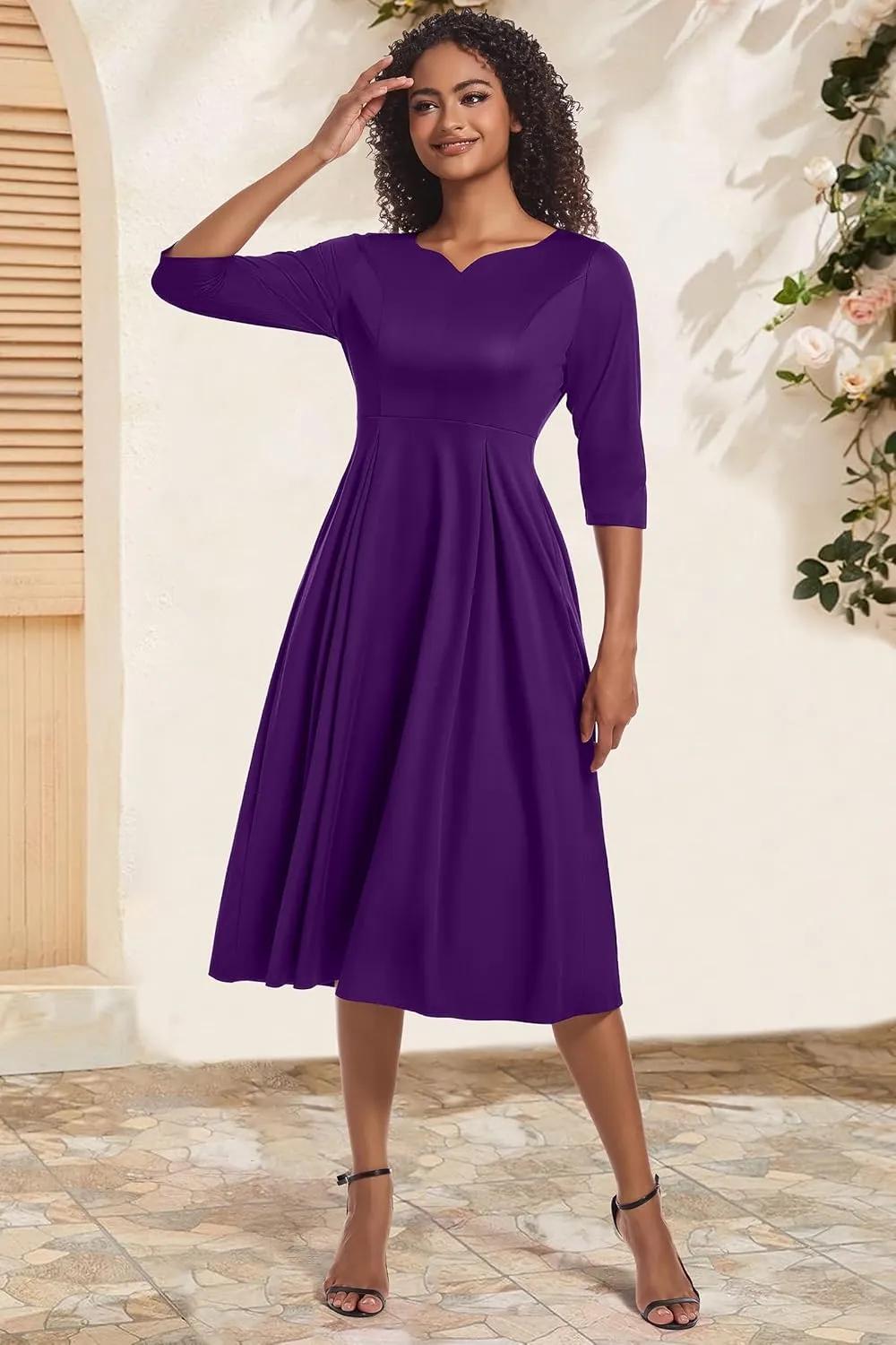 Nmoder Midi Dresses for Women Casual Fit and Flare A-Line Swing Dress 3/4 Sleeve Church Cocktail Dress with Pockets