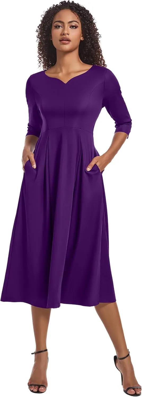 Nmoder Midi Dresses for Women Casual Fit and Flare A-Line Swing Dress 3/4 Sleeve Church Cocktail Dress with Pockets