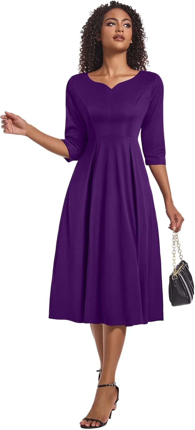 Nmoder Midi Dresses for Women Casual Fit and Flare A-Line Swing Dress 3/4 Sleeve Church Cocktail Dress with Pockets