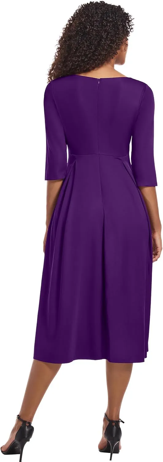 Nmoder Midi Dresses for Women Casual Fit and Flare A-Line Swing Dress 3/4 Sleeve Church Cocktail Dress with Pockets