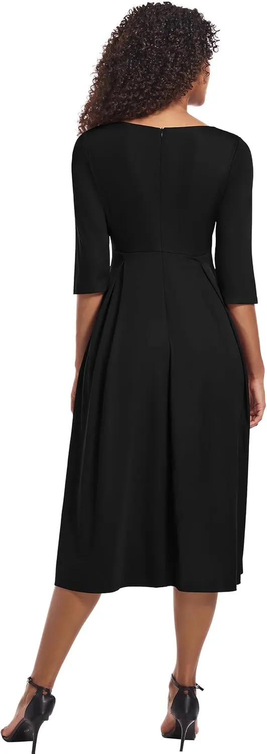Nmoder Midi Dresses for Women Casual Fit and Flare A-Line Swing Dress 3/4 Sleeve Church Cocktail Dress with Pockets