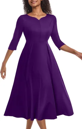 Nmoder Midi Dresses for Women Casual Fit and Flare A-Line Swing Dress 3/4 Sleeve Church Cocktail Dress with Pockets