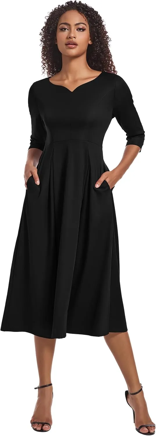 Nmoder Midi Dresses for Women Casual Fit and Flare A-Line Swing Dress 3/4 Sleeve Church Cocktail Dress with Pockets