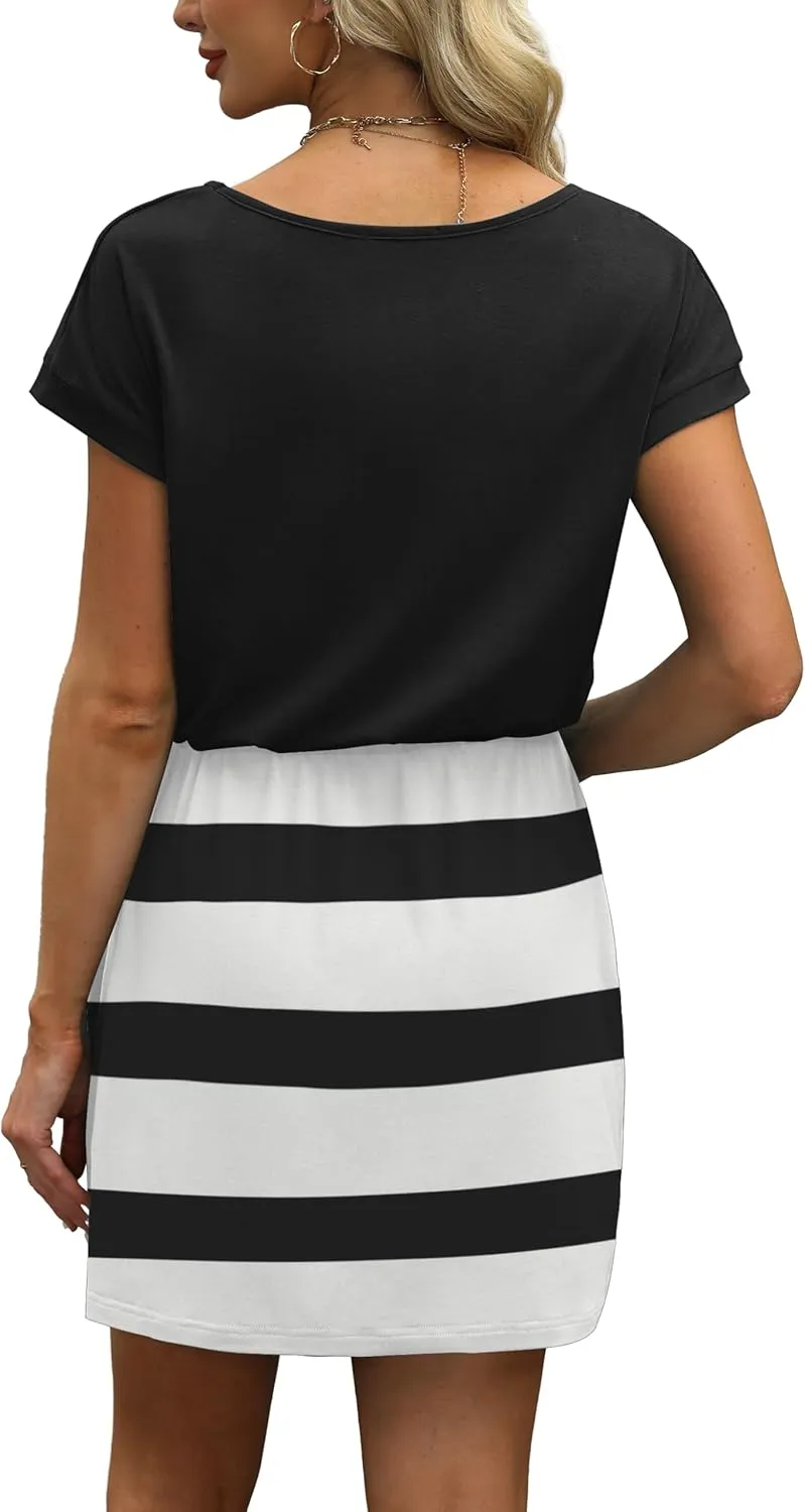 OFEEFAN Summer Dresses for Women 2025 V Neck T Shirt Casual Mini Dresses Tie Waist Sundresses with Pockets