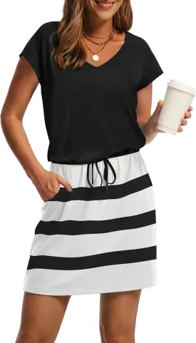 OFEEFAN Summer Dresses for Women 2025 V Neck T Shirt Casual Mini Dresses Tie Waist Sundresses with Pockets