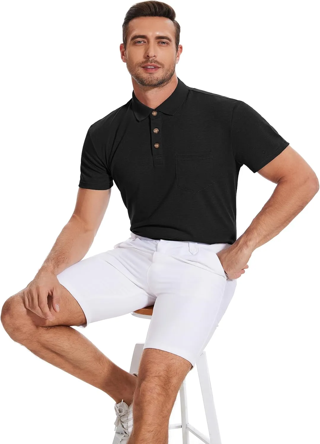 Polo Shirts for Men Basic Short Sleeve Shirt Button Solid Color Casual Tees Golf Stylish Tops