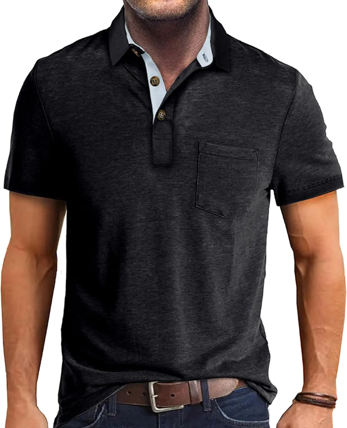 Polo Shirts for Men Basic Short Sleeve Shirt Button Solid Color Casual Tees Golf Stylish Tops