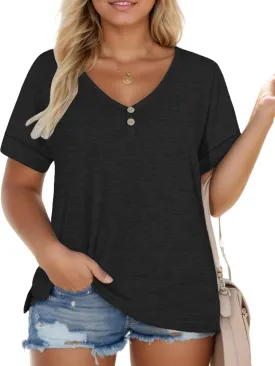 ROSRISS Plus Size Tops for Women Casual V-Neck Side Split Blouses Loose Fit Short Sleeve Tees Summer Cozy Buttons Shirts