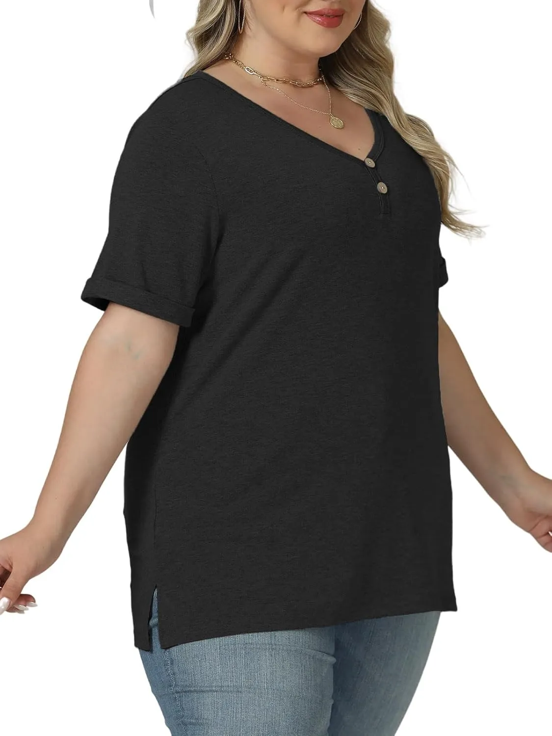 ROSRISS Plus Size Tops for Women Casual V-Neck Side Split Blouses Loose Fit Short Sleeve Tees Summer Cozy Buttons Shirts
