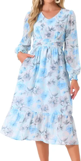 Seta T Women's Long Sleeve Floral Dresses V Neck Boho Ruffle Tiered Flowy Chiffon Midi Dress with Pocket