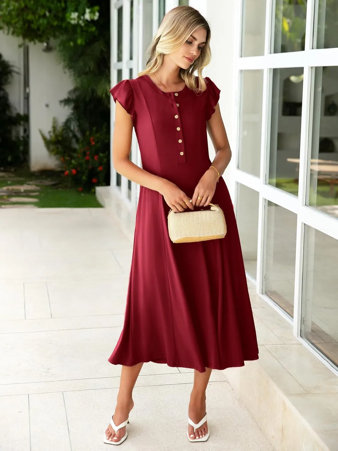Simplee Womens Summer Casual Dress - Short Sleeve Button Crewneck A-Line Flowy Fit and Flare Beach Midi Dress