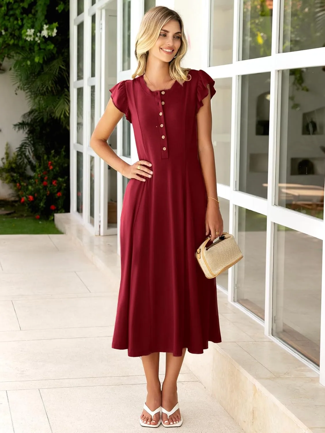 Simplee Womens Summer Casual Dress - Short Sleeve Button Crewneck A-Line Flowy Fit and Flare Beach Midi Dress