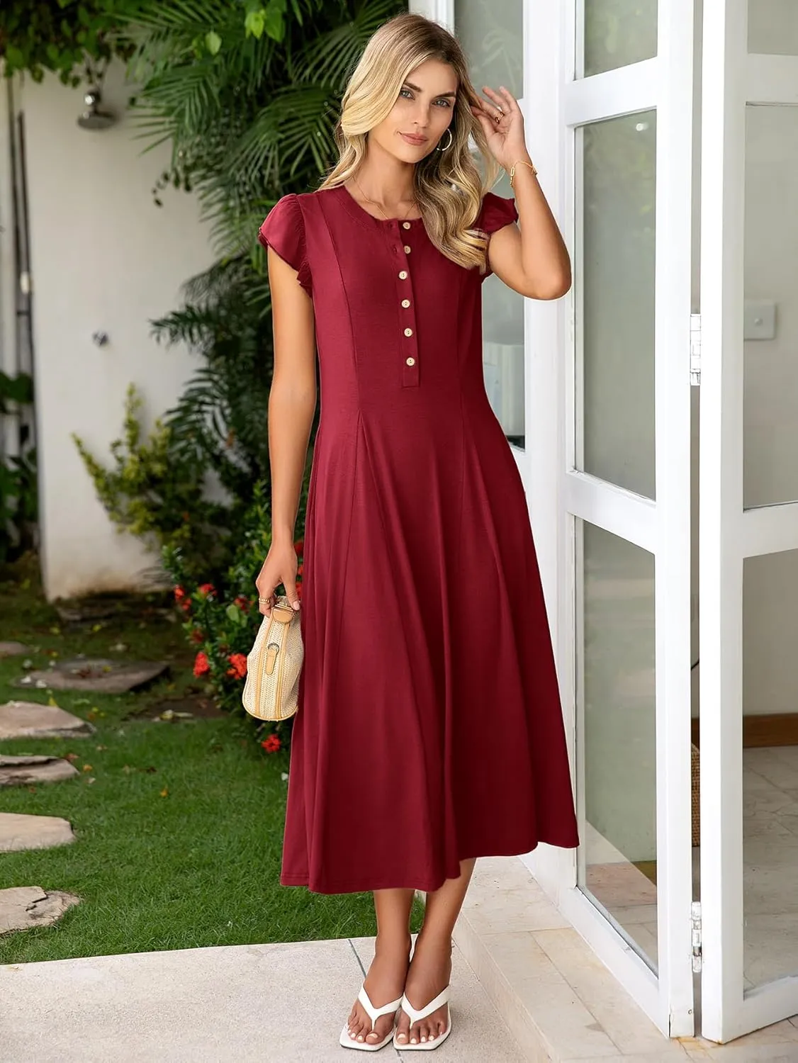 Simplee Womens Summer Casual Dress - Short Sleeve Button Crewneck A-Line Flowy Fit and Flare Beach Midi Dress
