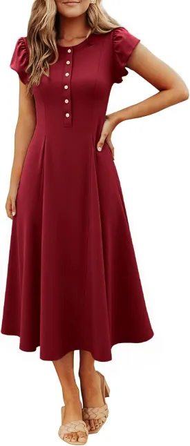 Simplee Womens Summer Casual Dress - Short Sleeve Button Crewneck A-Line Flowy Fit and Flare Beach Midi Dress