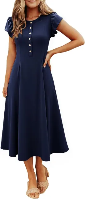 Simplee Womens Summer Casual Dress - Short Sleeve Button Crewneck A-Line Flowy Fit and Flare Beach Midi Dress