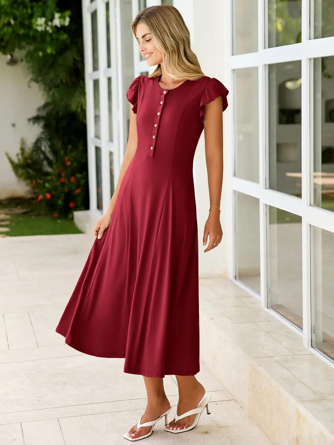 Simplee Womens Summer Casual Dress - Short Sleeve Button Crewneck A-Line Flowy Fit and Flare Beach Midi Dress