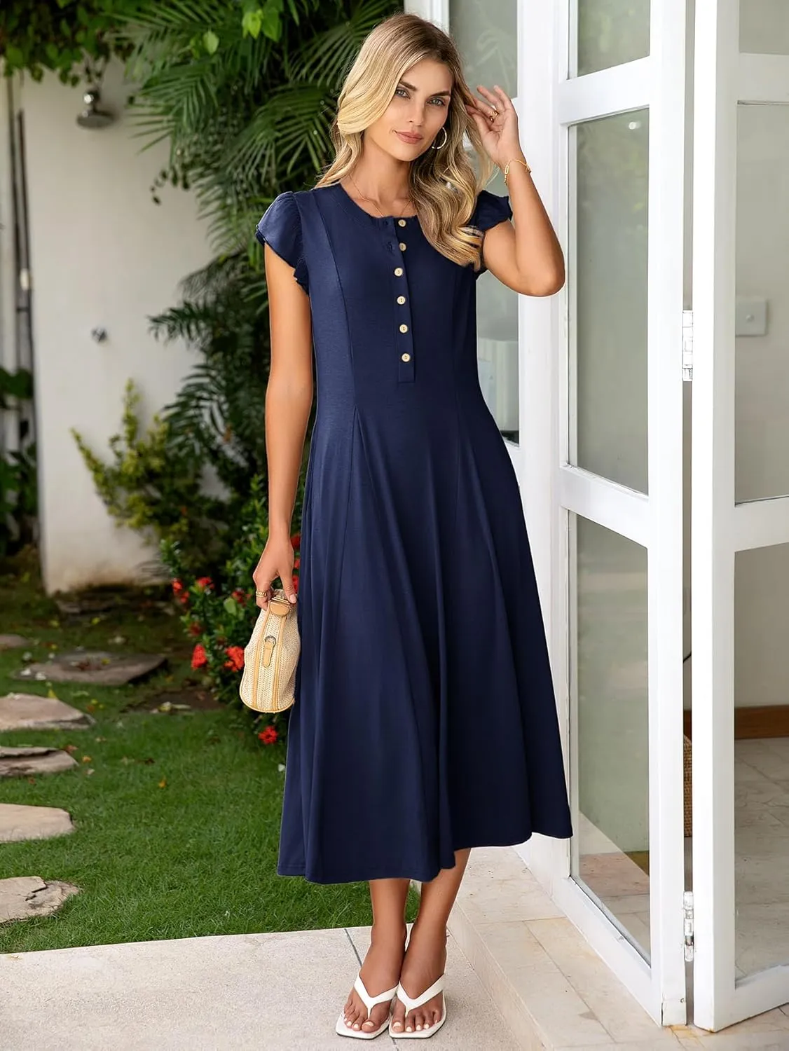 Simplee Womens Summer Casual Dress - Short Sleeve Button Crewneck A-Line Flowy Fit and Flare Beach Midi Dress