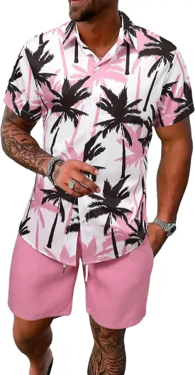 SOLY HUX Men's 2 Piece Outfits Tropical Print Short Sleeve Button Down Hawaiian Shirt and Shorts Set