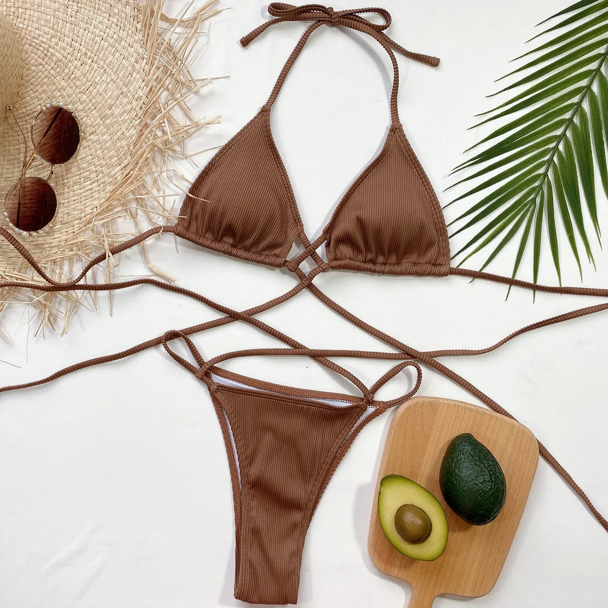 Strappy Bikini Two Piece Sexy Women's Halter Neck Crisscross Ribbed Swimsuit Set