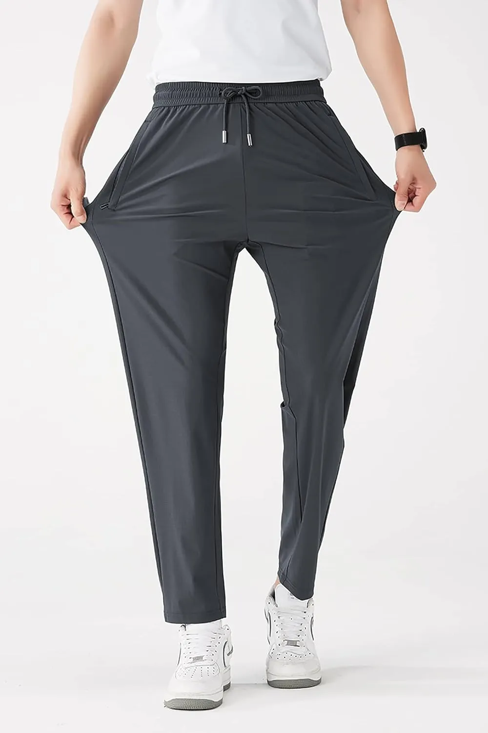Stretch Casual Pants for Short Men 27-28 Inch Inseam Ripstop Athletic Cool Touch Straight Fit Joggers Zip Pockets