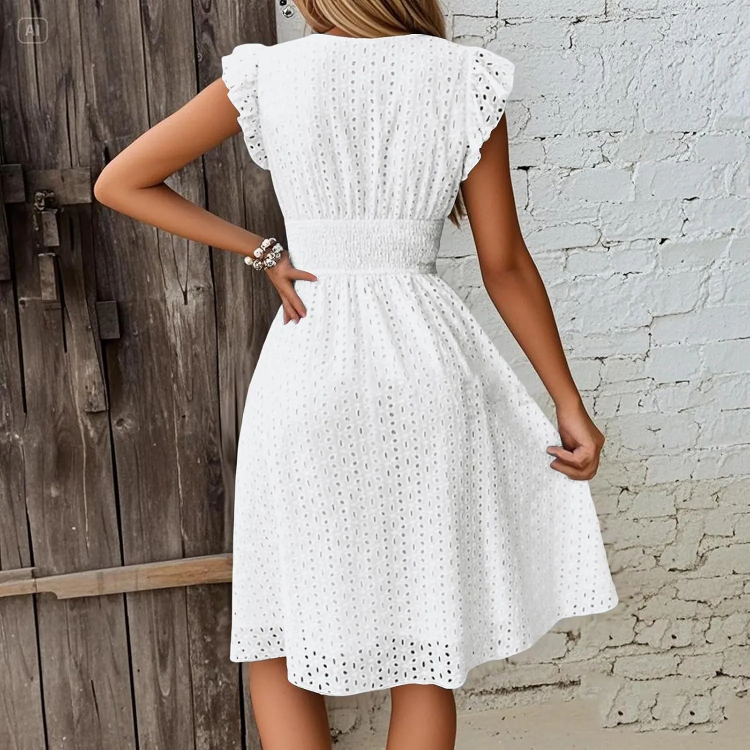 Summer Dresses for Women V Neck Ruffle Flutter Sleeve Aline Hollow Out Eyelet Dresses Elegant Vacation Beach Dress