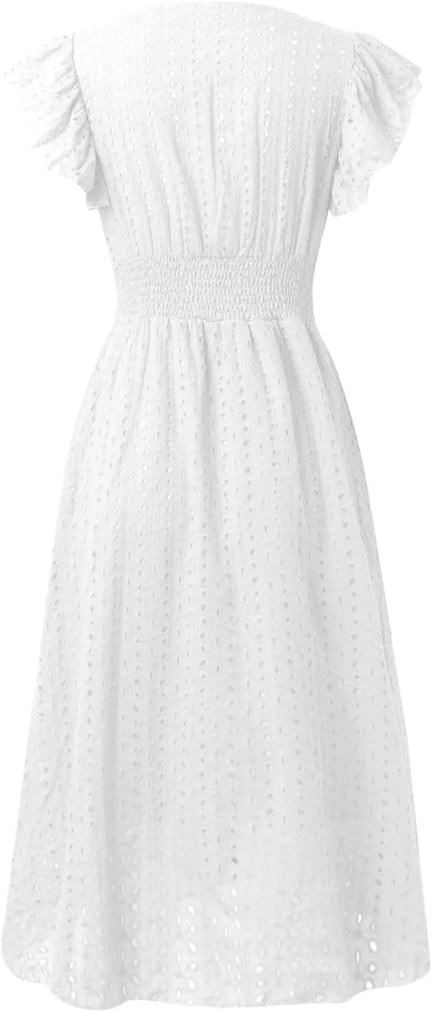 Summer Dresses for Women V Neck Ruffle Flutter Sleeve Aline Hollow Out Eyelet Dresses Elegant Vacation Beach Dress