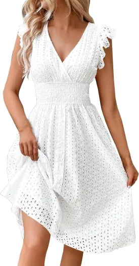 Summer Dresses for Women V Neck Ruffle Flutter Sleeve Aline Hollow Out Eyelet Dresses Elegant Vacation Beach Dress
