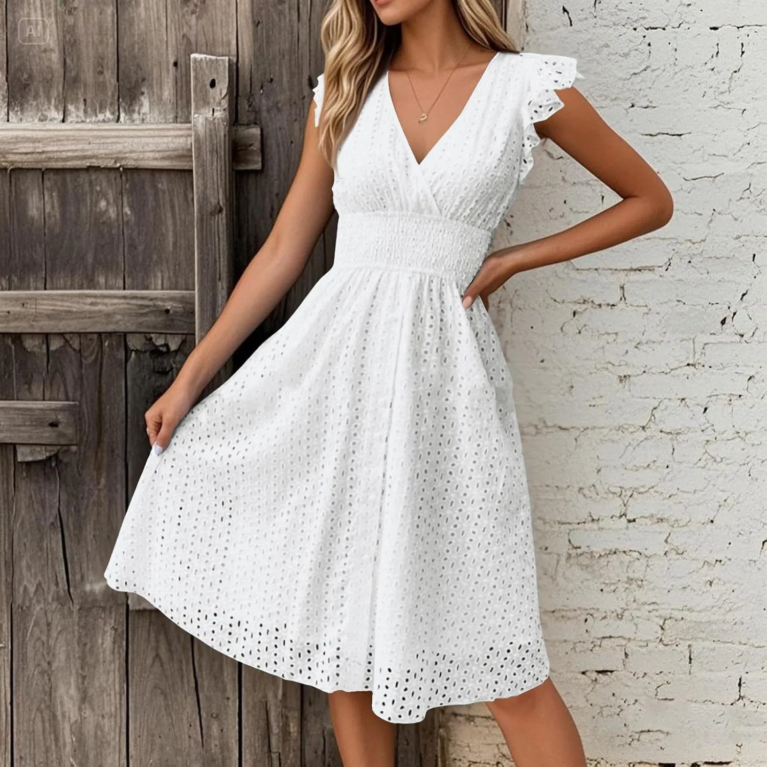 Summer Dresses for Women V Neck Ruffle Flutter Sleeve Aline Hollow Out Eyelet Dresses Elegant Vacation Beach Dress