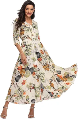 Summer Floral Print Maxi Dress Women Button Up Split Long Flowy Bohemian Beach Party Dresses
