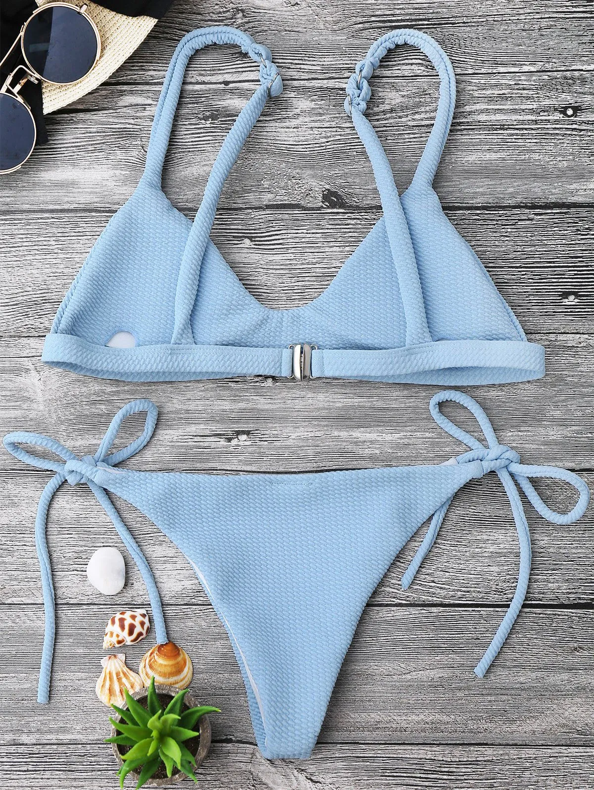 Textured Tie Side String Scoop Bikini Set