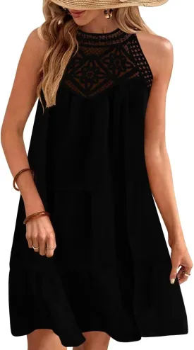 Wkior Womens Summer Dresses 2025 Casual Halter Sleeveless Flowy Mini Dress Tiered Pleated Beach Sundress
