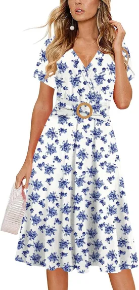 Women's Elegant Criss-Cross V Neck Vintage Short Sleeve Work Casual Fit and Flare Tea Dress with Pockets 980